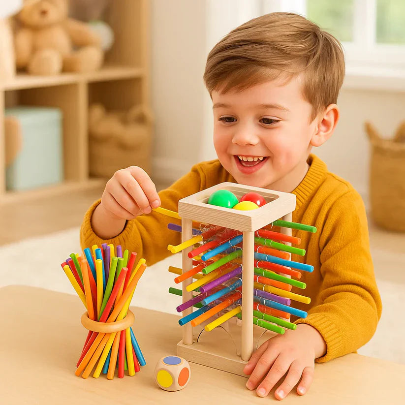 Vzdělávací dřevěná hra s kuličkami a tyčinkami
