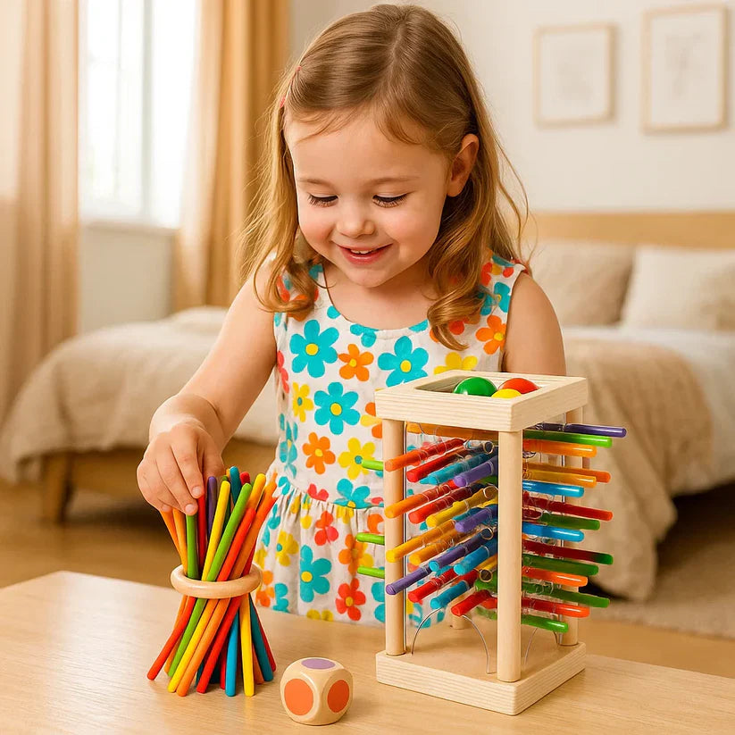 Vzdělávací dřevěná hra s kuličkami a tyčinkami